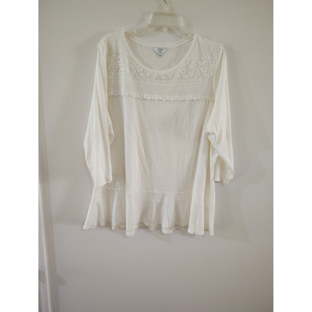 Crown & Ivy Woman Ivory Crochet Lace Yoke 3/4 Sleeve Peplum Blouse Plus Size 2X